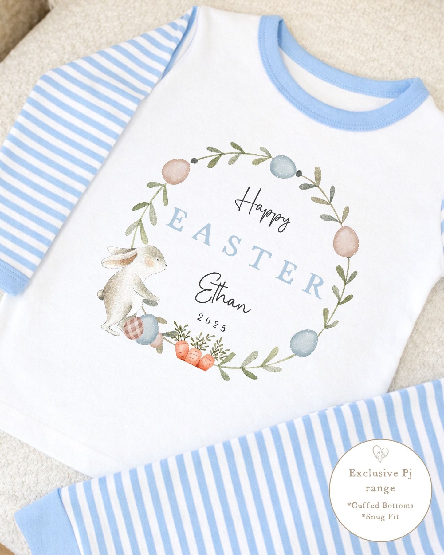 Personalised Blue Stripe Easter Pyjamas - Classic Wreath Design