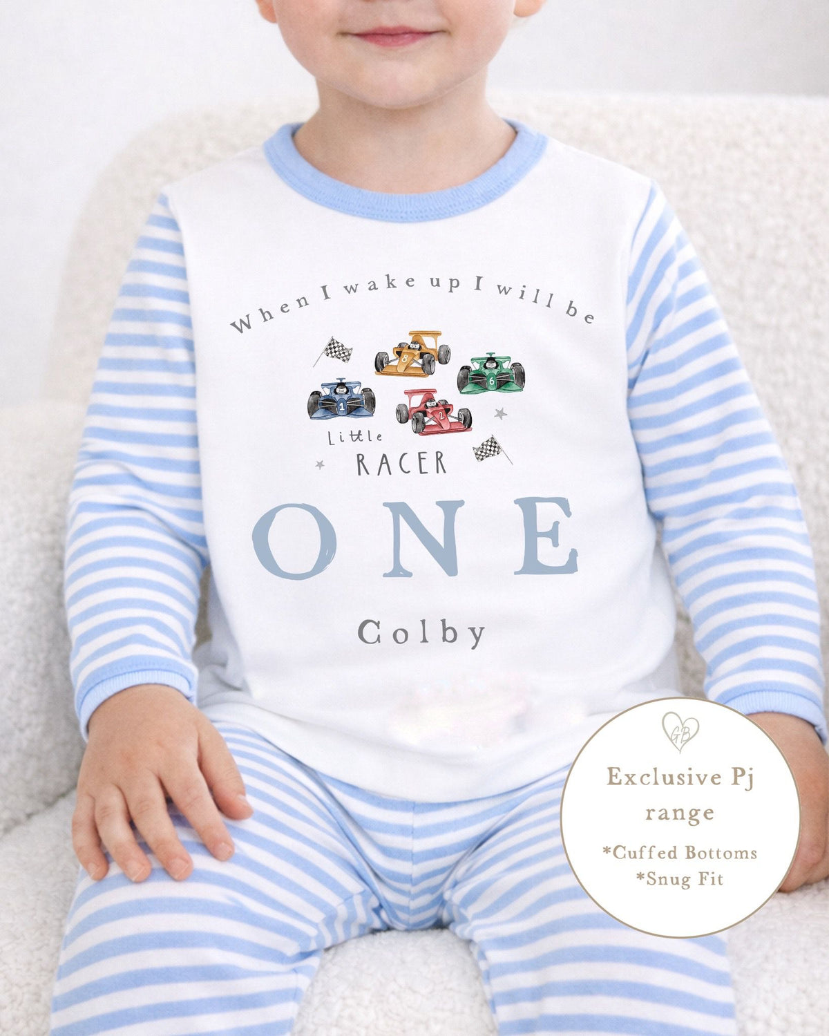 Personalised Blue Stripe Birthday Pyjamas - Racing Car Design