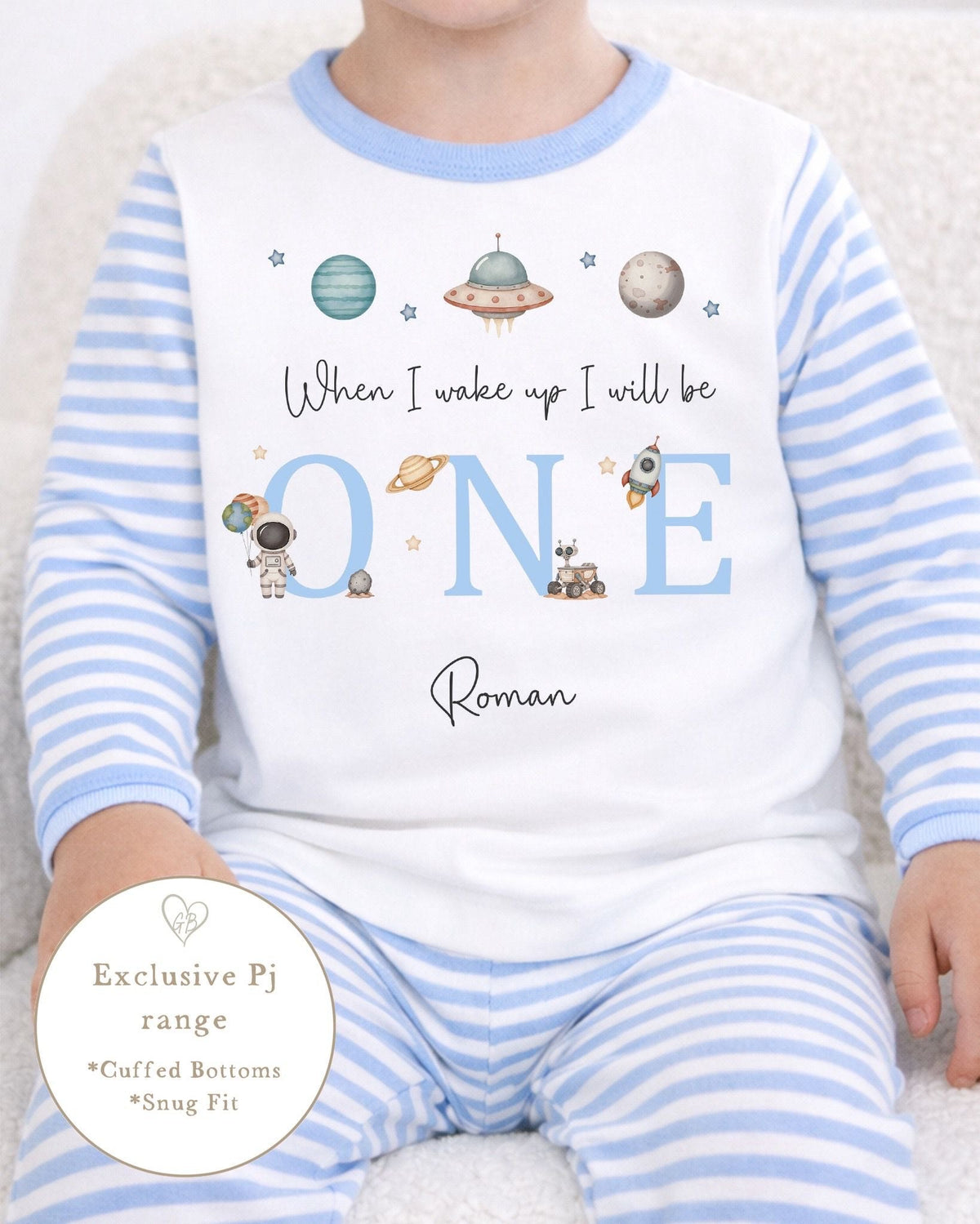 Personalised Blue Stripe Birthday Pyjamas - Space Trio Design