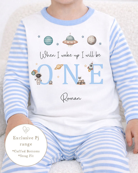 Personalised Blue Stripe Birthday Pyjamas - Space Trio Design