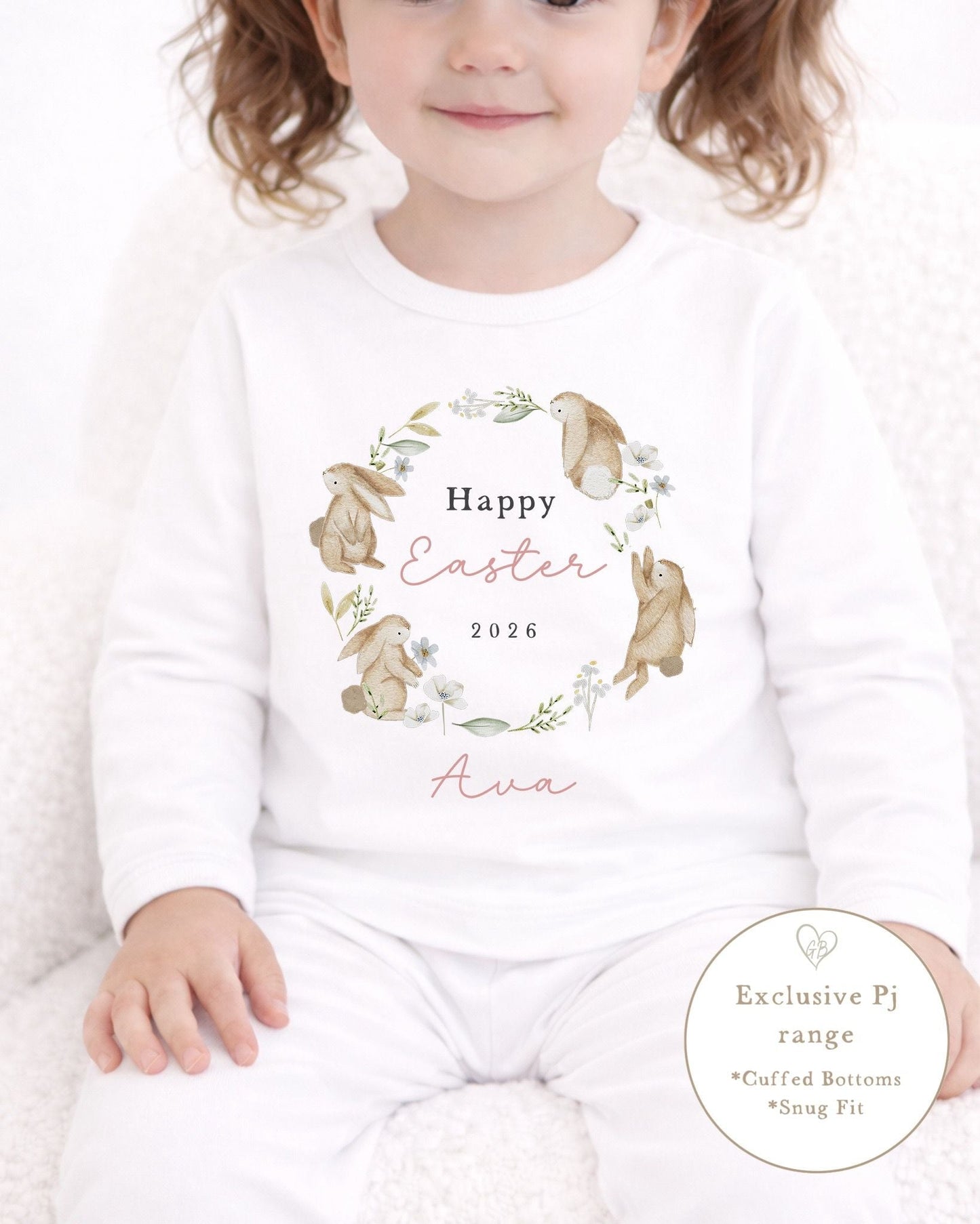 Personalised Plain White Easter Pyjamas - Pink Bunny Wreath Design