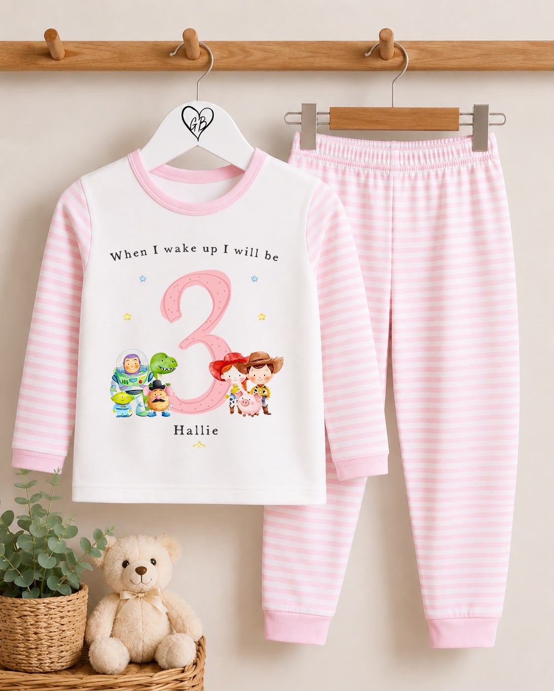 Personalised Pink Stripe Birthday Pyjamas - Toy Inspired Design