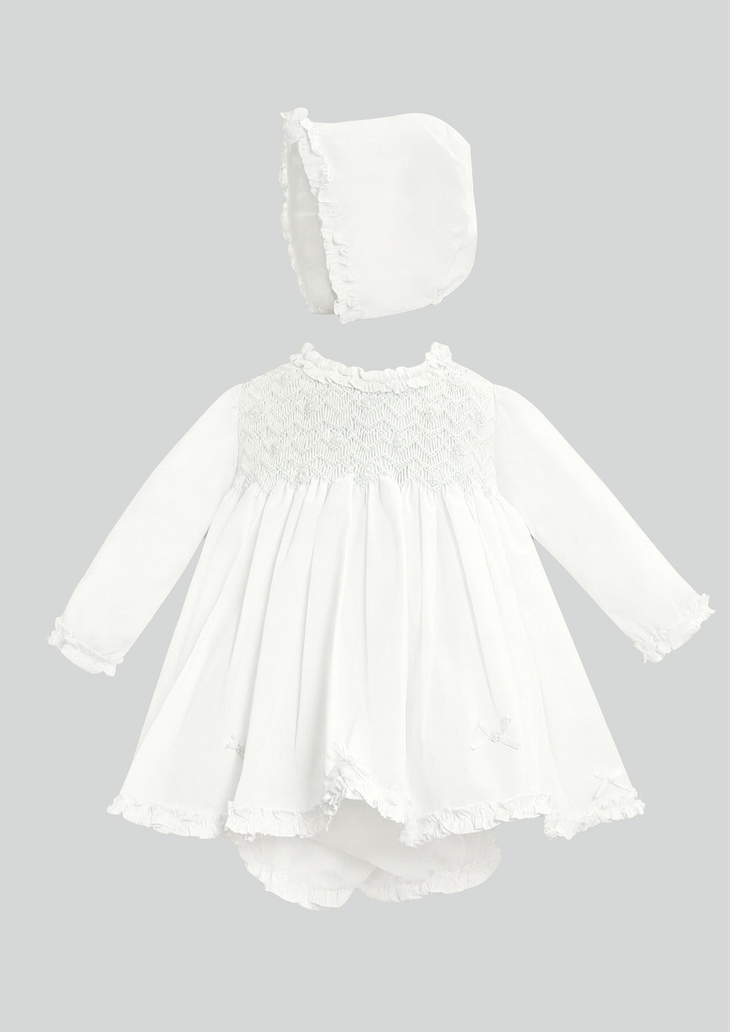 Sarah Louise Dress, Bonnet & Knicker Set in White
