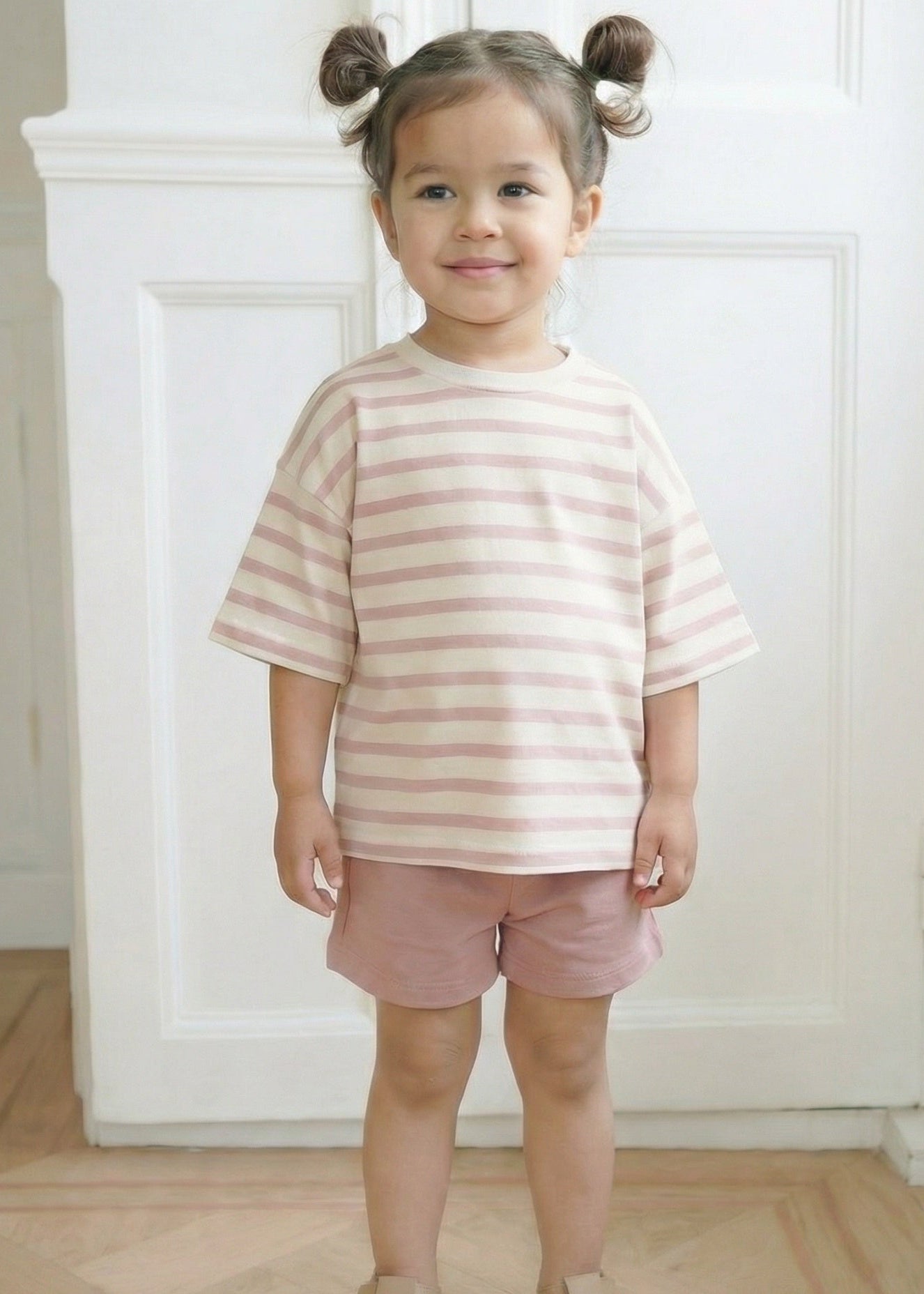 Young girl wearing a striped shirt and shorts standing in a room with white walls.