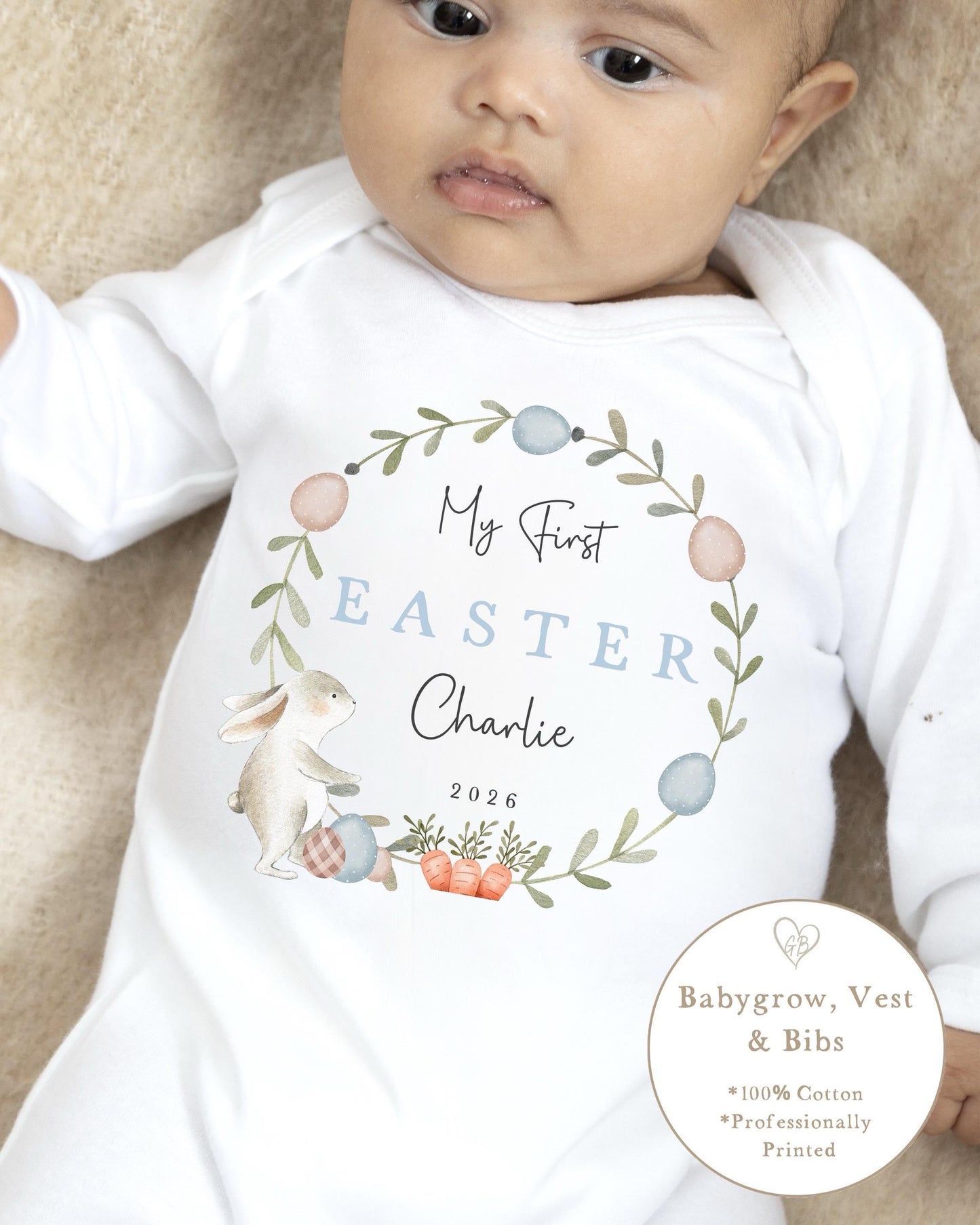 Personalised My First Easter Babygrow / Vest - Blue Classic Wreath Design