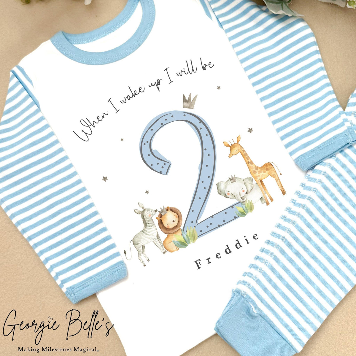 Personalised Blue Stripe Birthday Pyjamas - Blue Safari Number Design