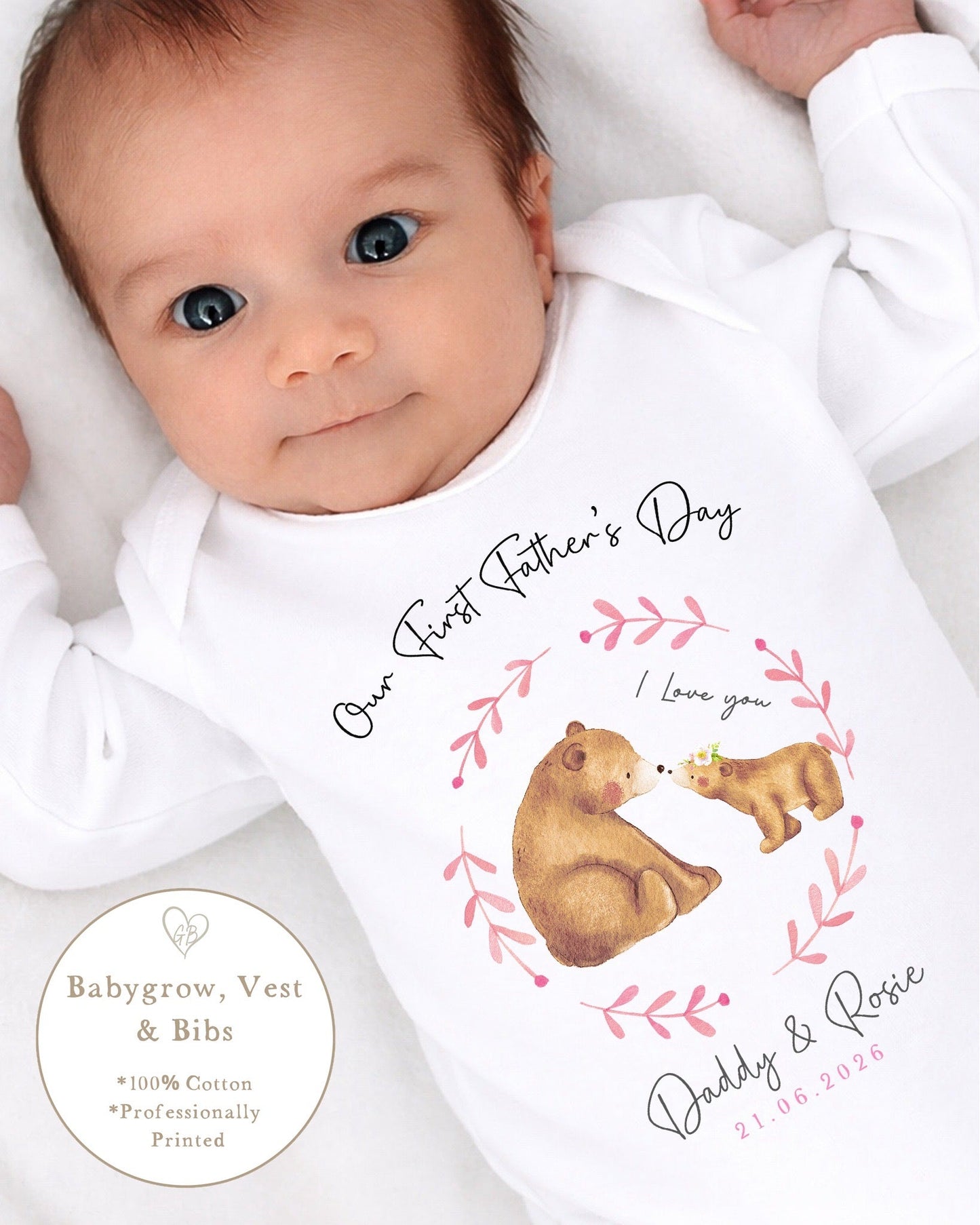 Personalised My First Father's Day Baby Vest / Babygrow - Pink Bear Wreath Design
