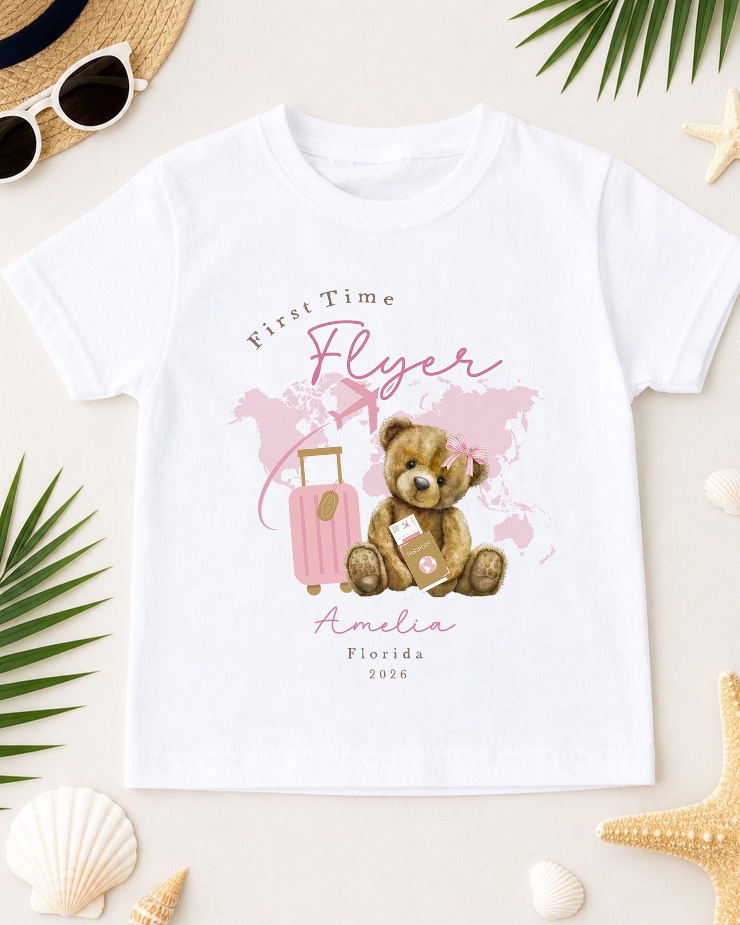 Personalised Kids First Time Flyer T-Shirt - Pink Map Design
