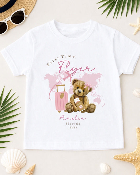 Personalised Kids First Time Flyer T-Shirt - Pink Map Design
