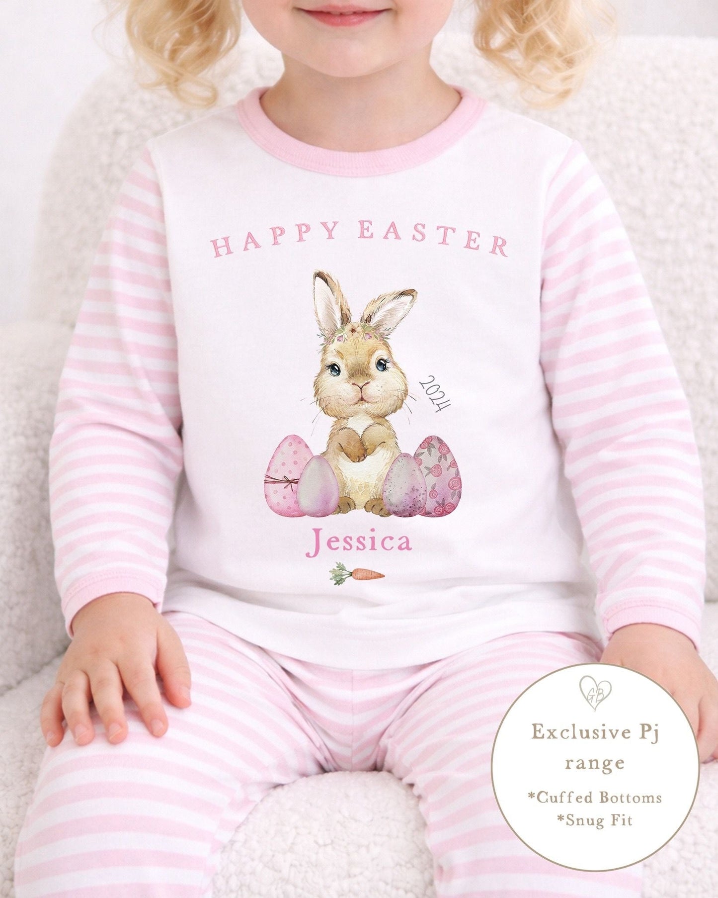 Personalised Pink Stripe Easter Pyjamas - Bunny Design