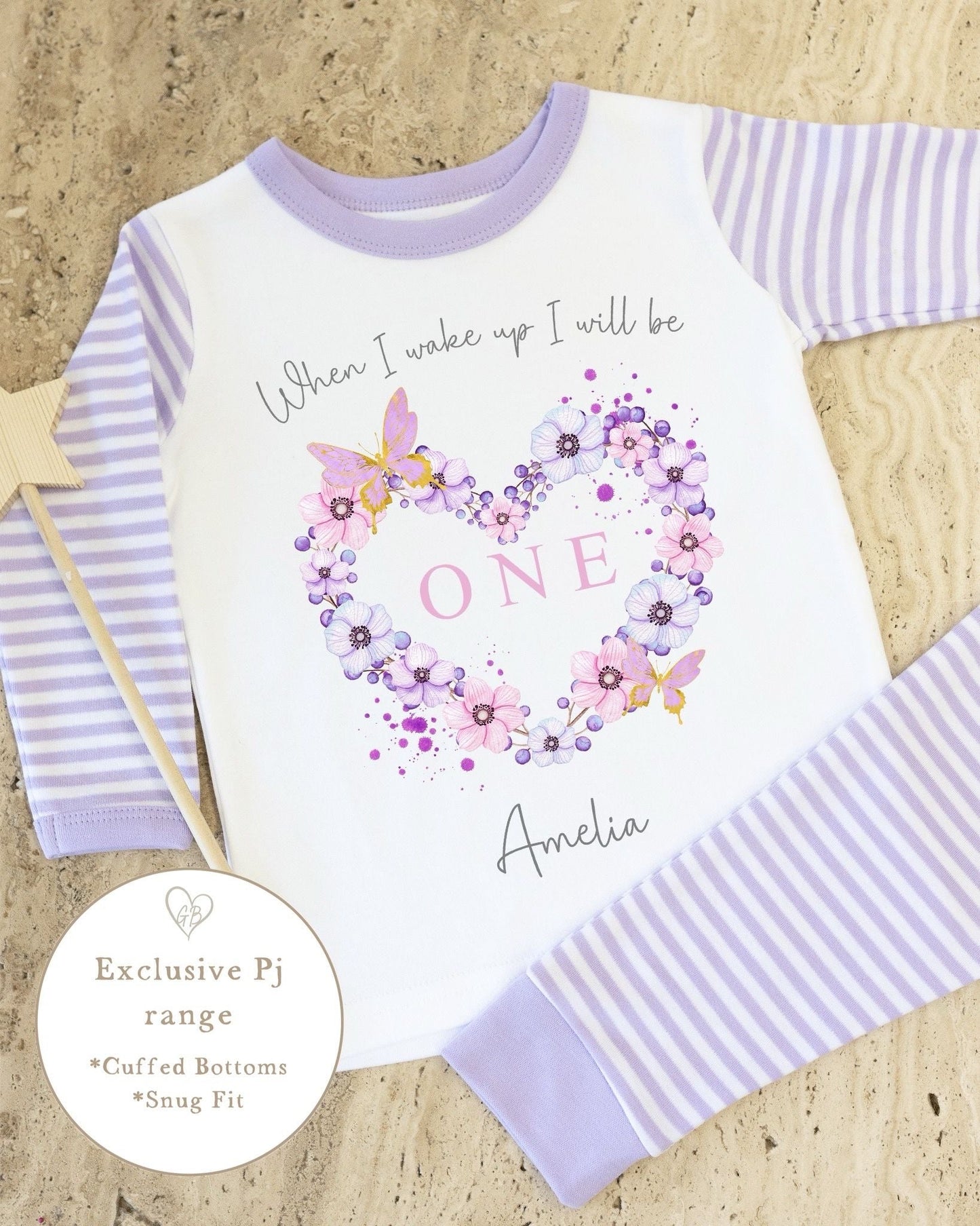 Lilac & White Striped Personalised Birthday Pyjamas - Lilac Butterfly Heart Design