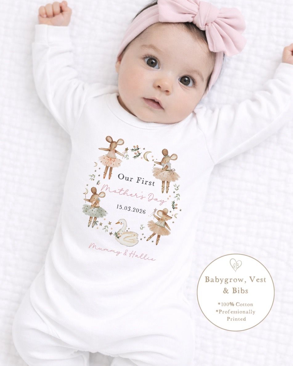 Personalised My First Mother's Day Babygrow / Short Sleeve Vest - Pink Mice Wreath Design