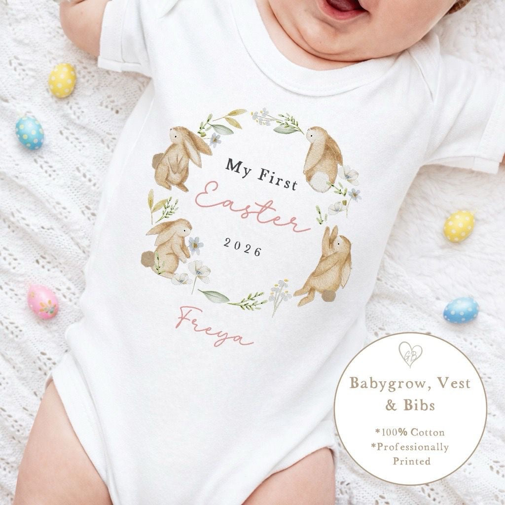 Personalised My First Easter Babygrow / Vest - Pink Rabbit Wreath Design