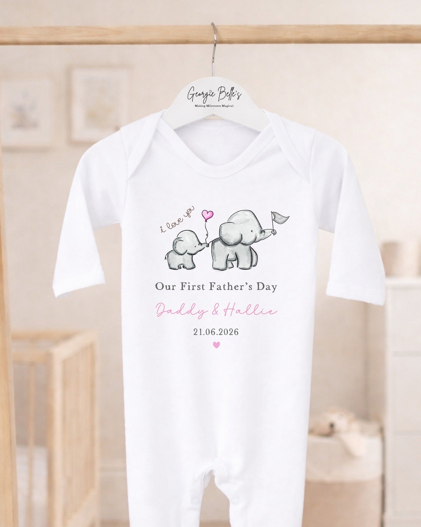 Personalised My First Father's Day Baby Vest / Babygrow - Pink Elephant Design