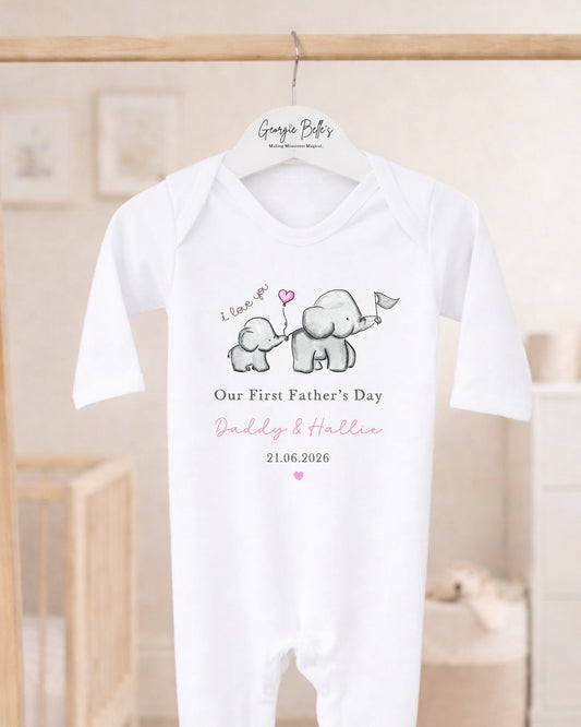 Personalised My First Father's Day Baby Vest / Babygrow - Pink Elephant Design