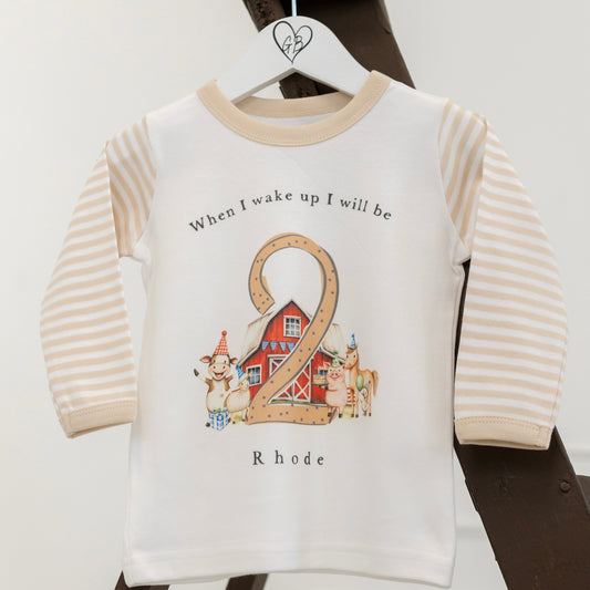 Personalised Beige Stripe Birthday Pyjamas - Farm Design