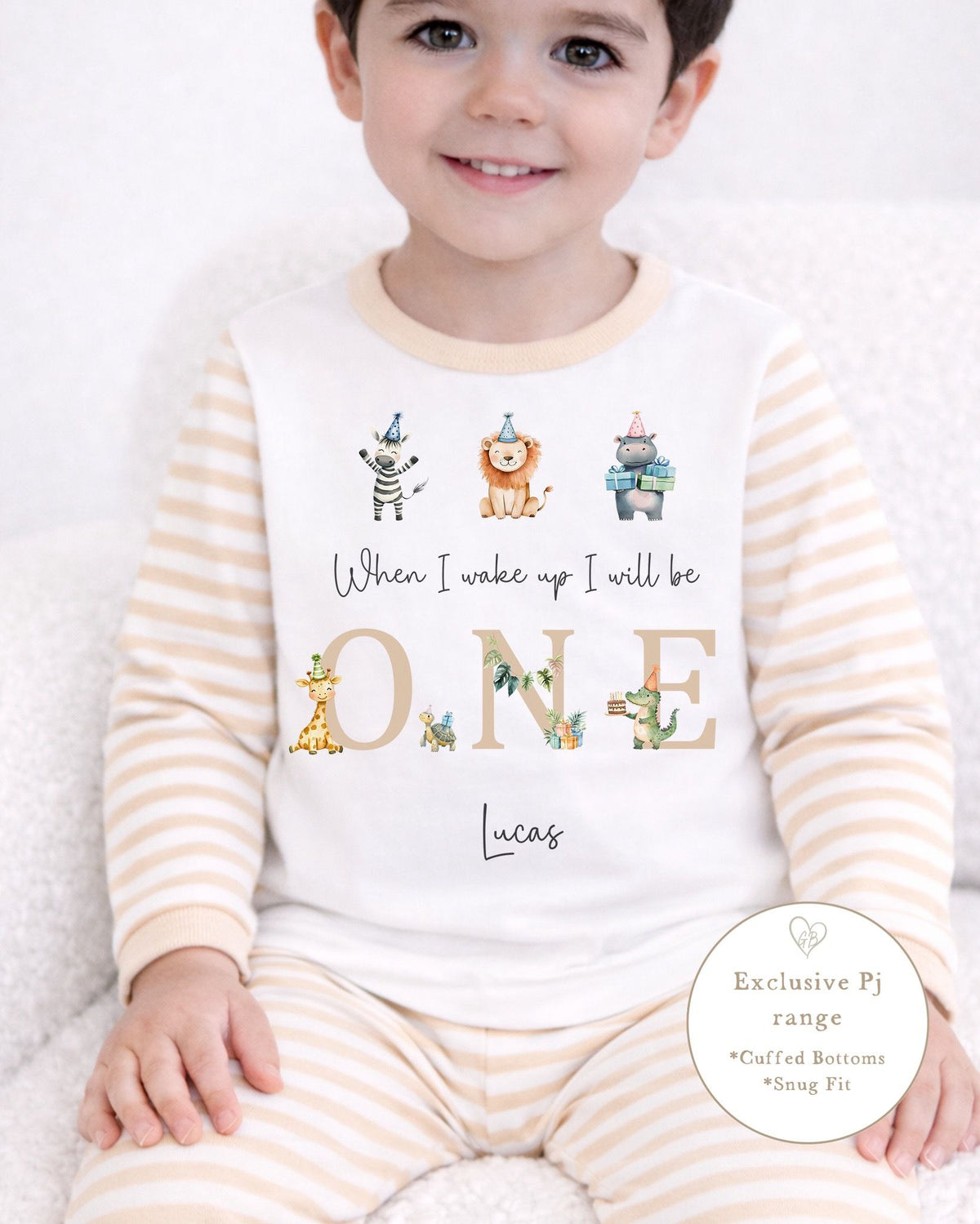 Personalised Beige Stripe Birthday Pyjamas - Safari Trio Design