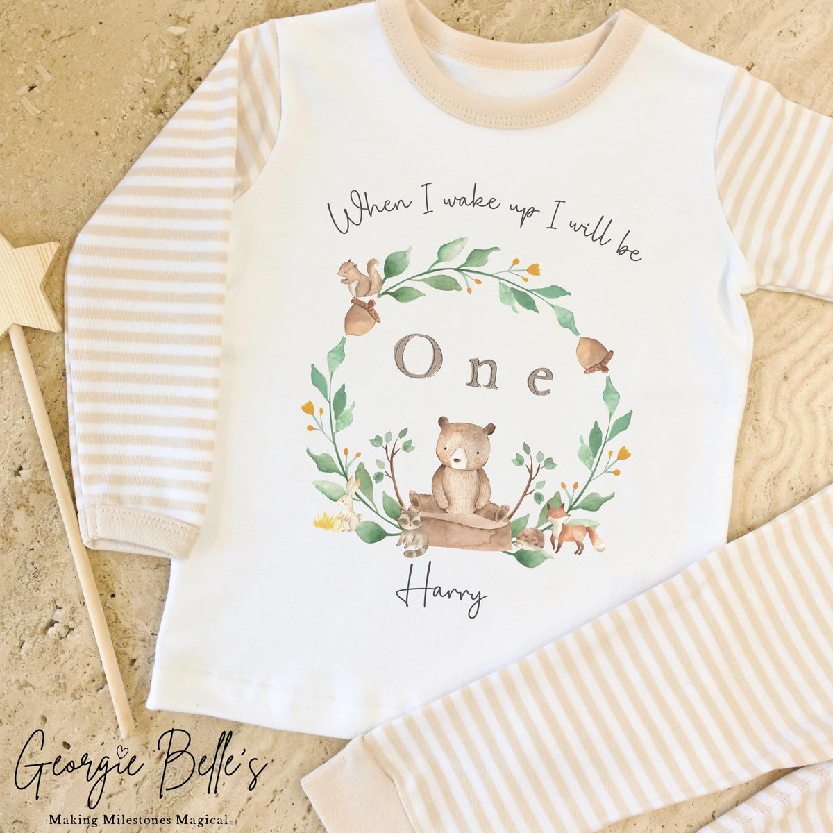Personalised Beige Stripe Birthday Pyjamas - Woodland Wreath Design