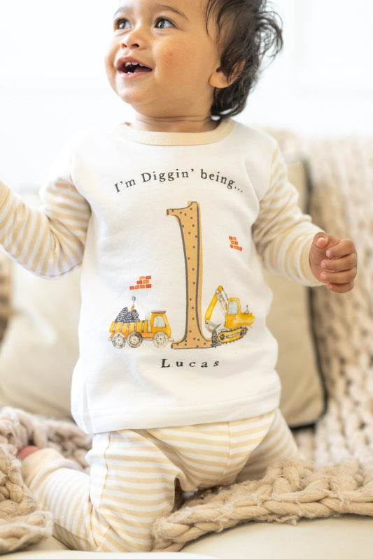 Personalised Beige Stripe Birthday Pyjamas - Digger Design