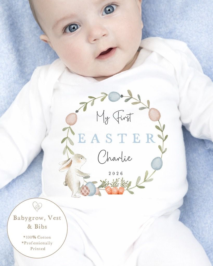 Personalised My First Easter Babygrow / Vest - Blue Classic Wreath Design