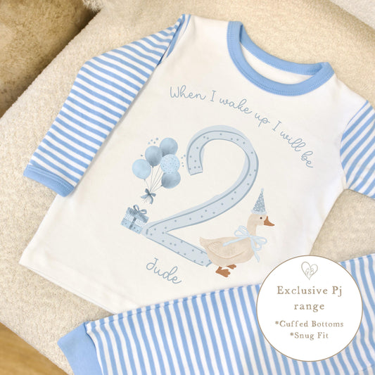 Personalised Blue Stripe Birthday Pyjamas - Goose Design
