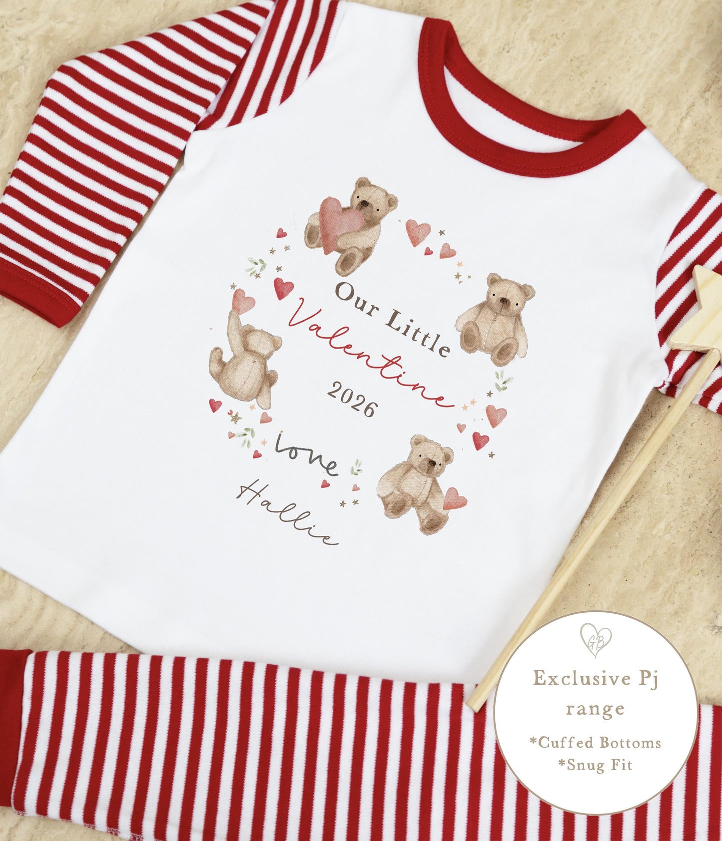 Personalised Red Stripe Valentines Pyjamas - Bear Wreath Design
