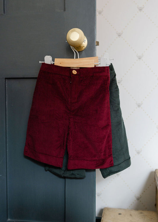 Red shorts and green jacket hanging on a hook against a gray wall.