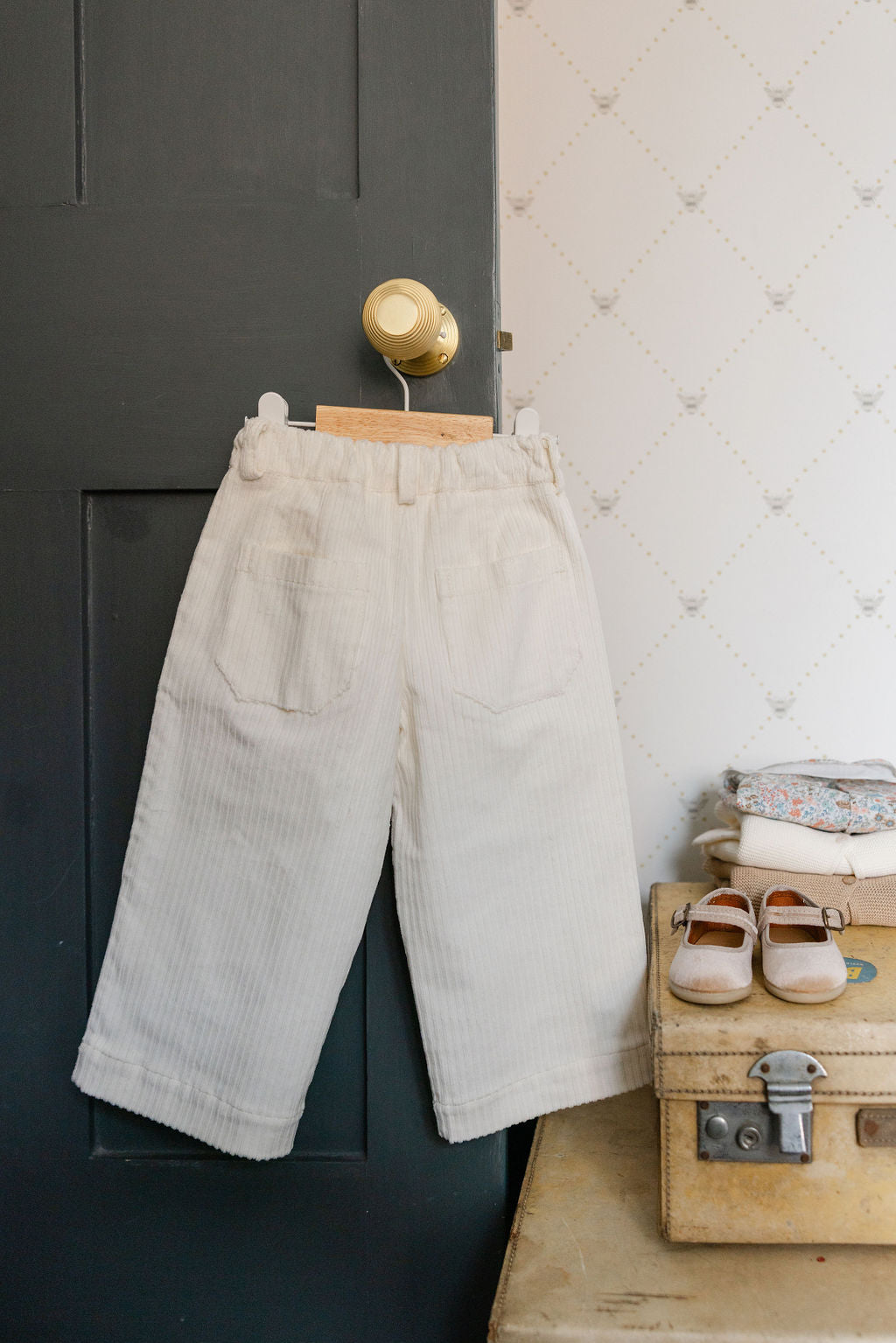Beige corduroy pants on a hanger against a dark door with a suitcase and shoes below.