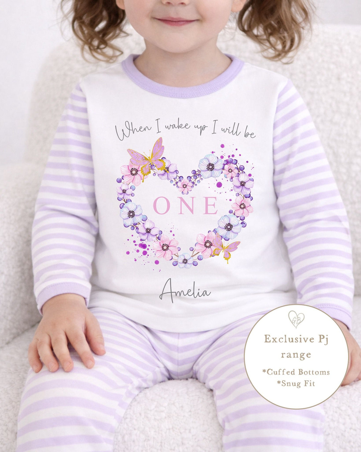 Personalised Lilac Stripe Birthday Pyjamas - Butterfly Heart Design