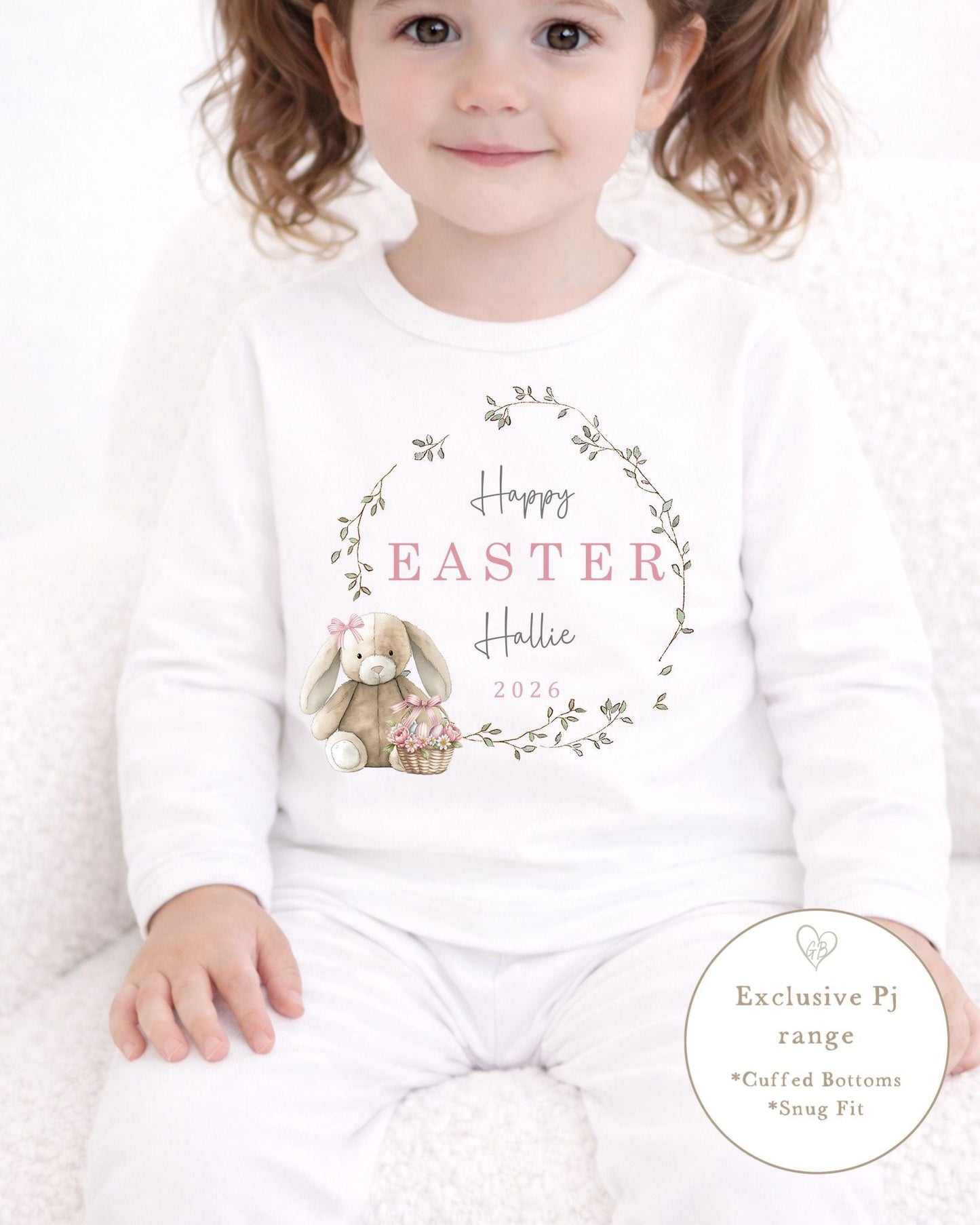 Personalised Plain White Easter Pyjamas - Bunny Wreath Design