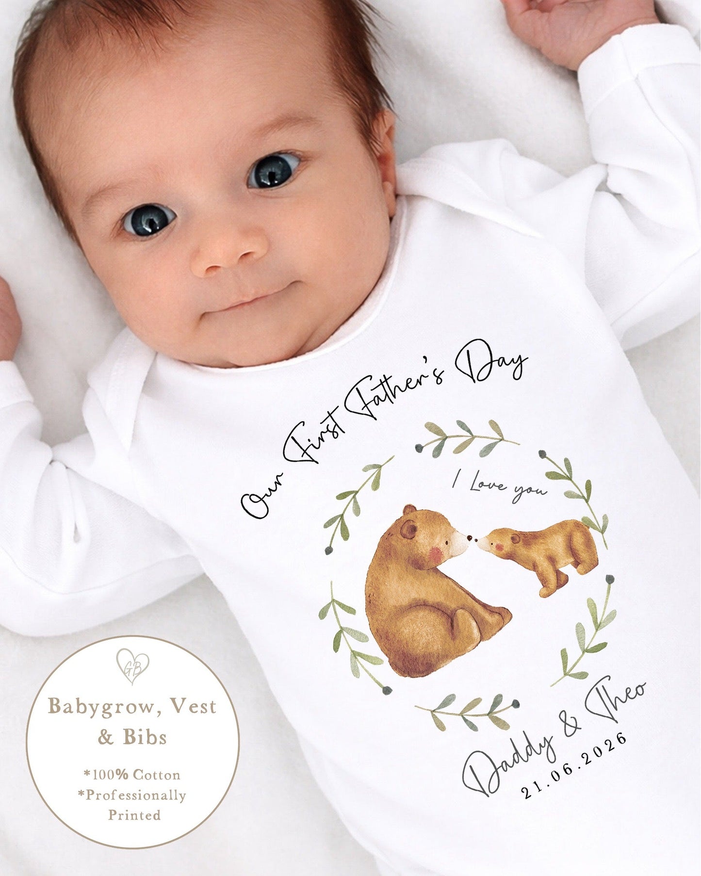 Personalised My First Father's Day Baby Vest / Babygrow - Neutral Bear Wreath Design