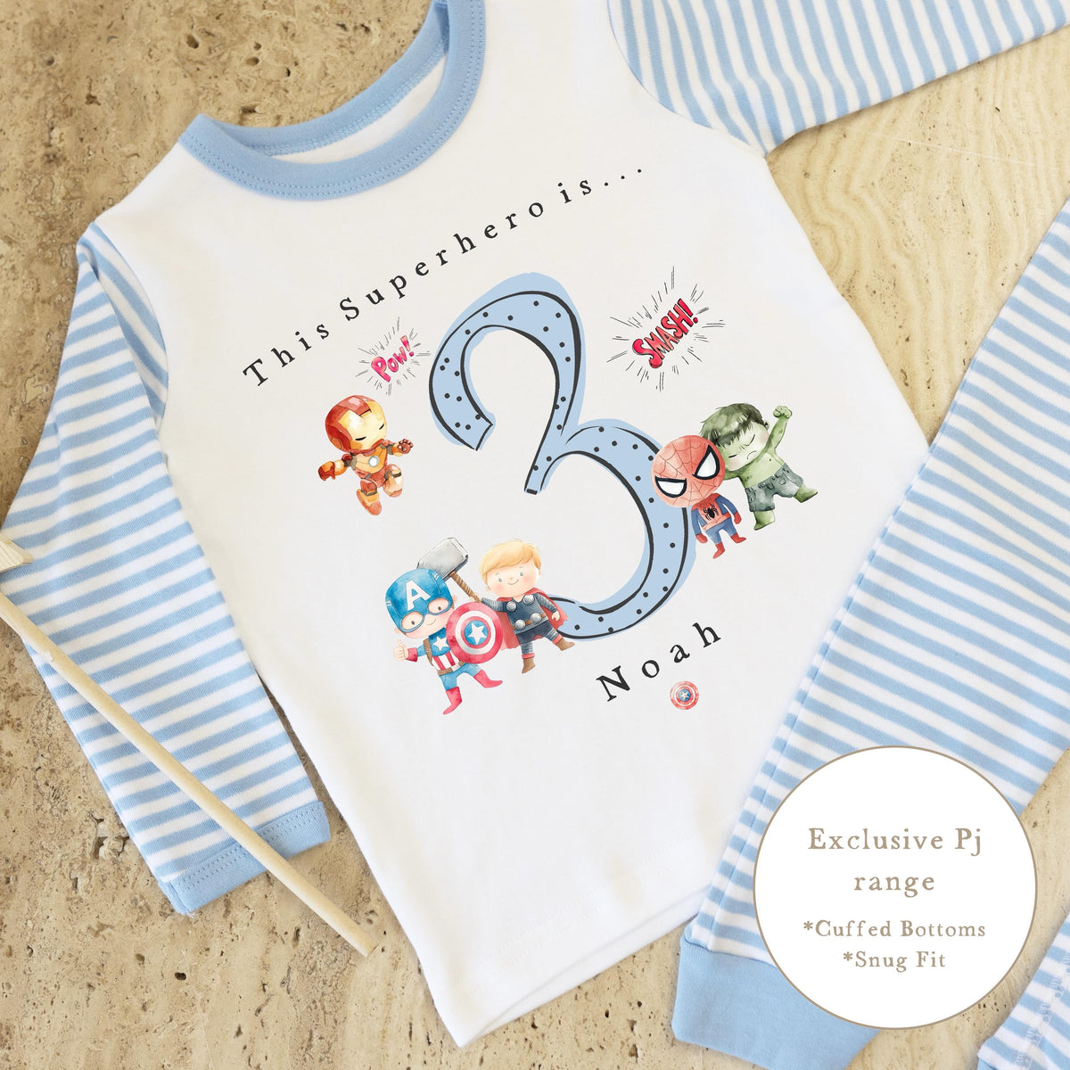 Blue & White Striped Personalised Birthday Pyjamas - Blue Superhero Design