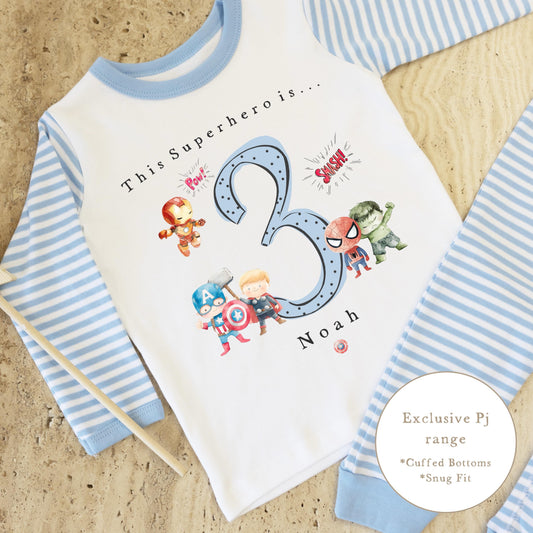 Blue & White Striped Personalised Birthday Pyjamas - Blue Superhero Design