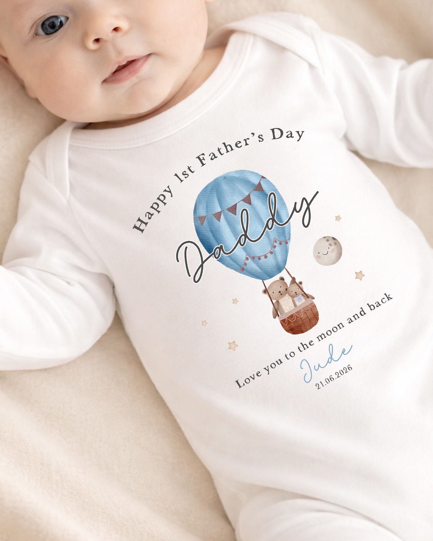 Personalised My First Father's Day Baby Vest / Babygrow - Blue Hot Air Balloon Design