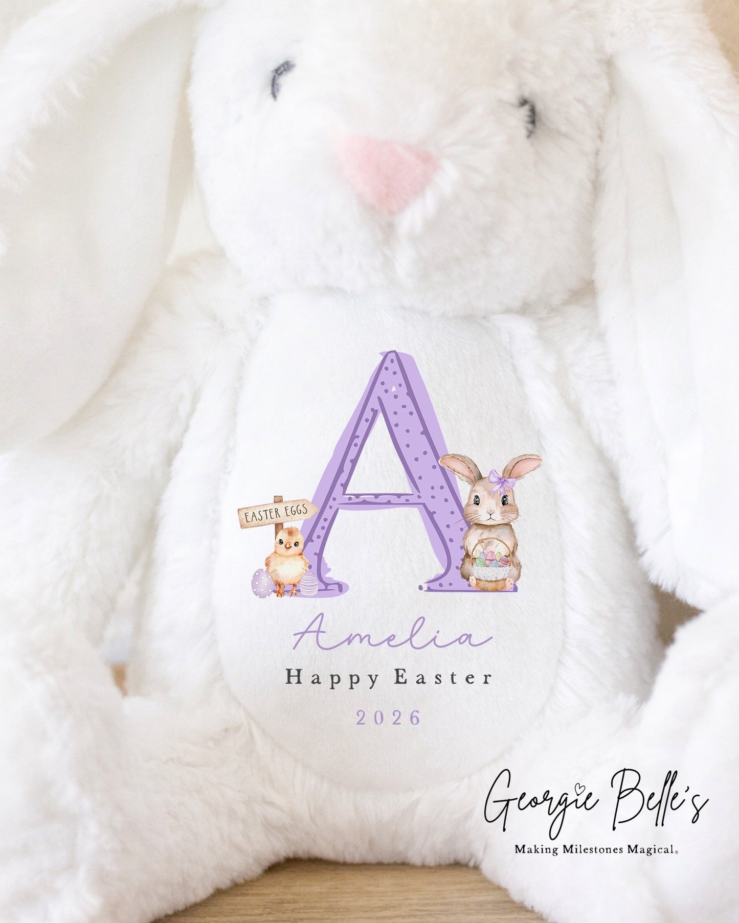 Personalised White Easter Bunny Soft Toy - Lilac Initial Design