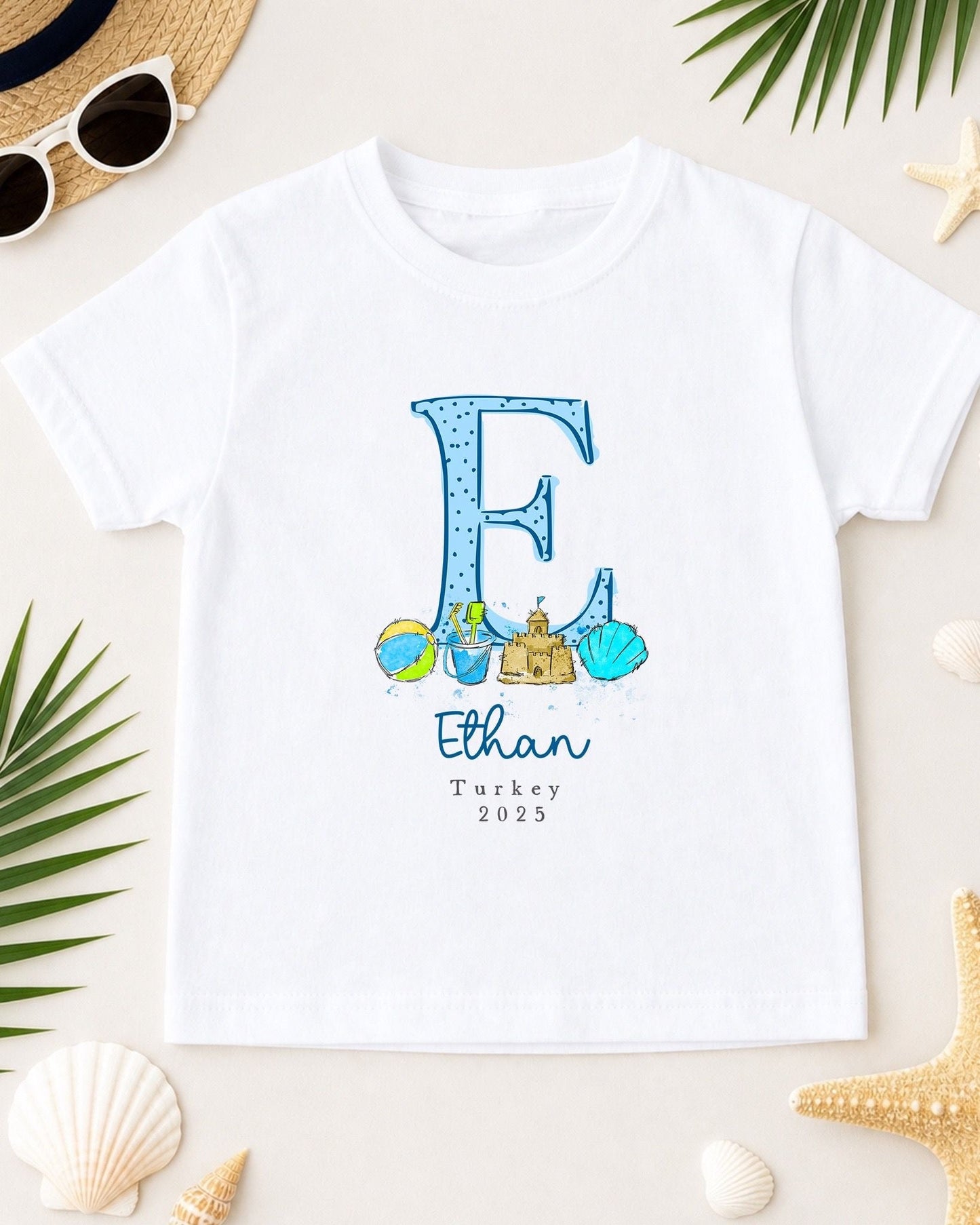Personalised Kids Holiday T-Shirt - Blue Initial Design