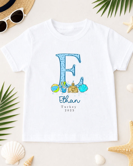 Personalised Kids Holiday T-Shirt - Blue Initial Design
