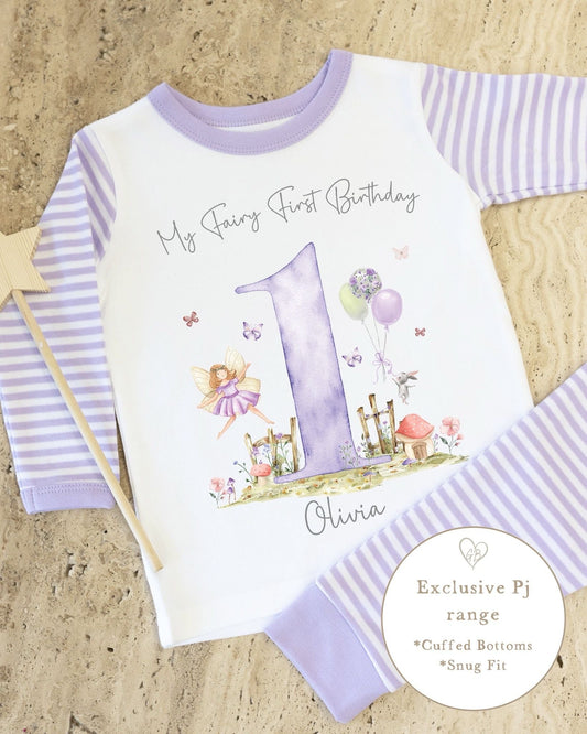 Lilac & White Striped Personalised Birthday Pyjamas - Lilac Fairy First Design