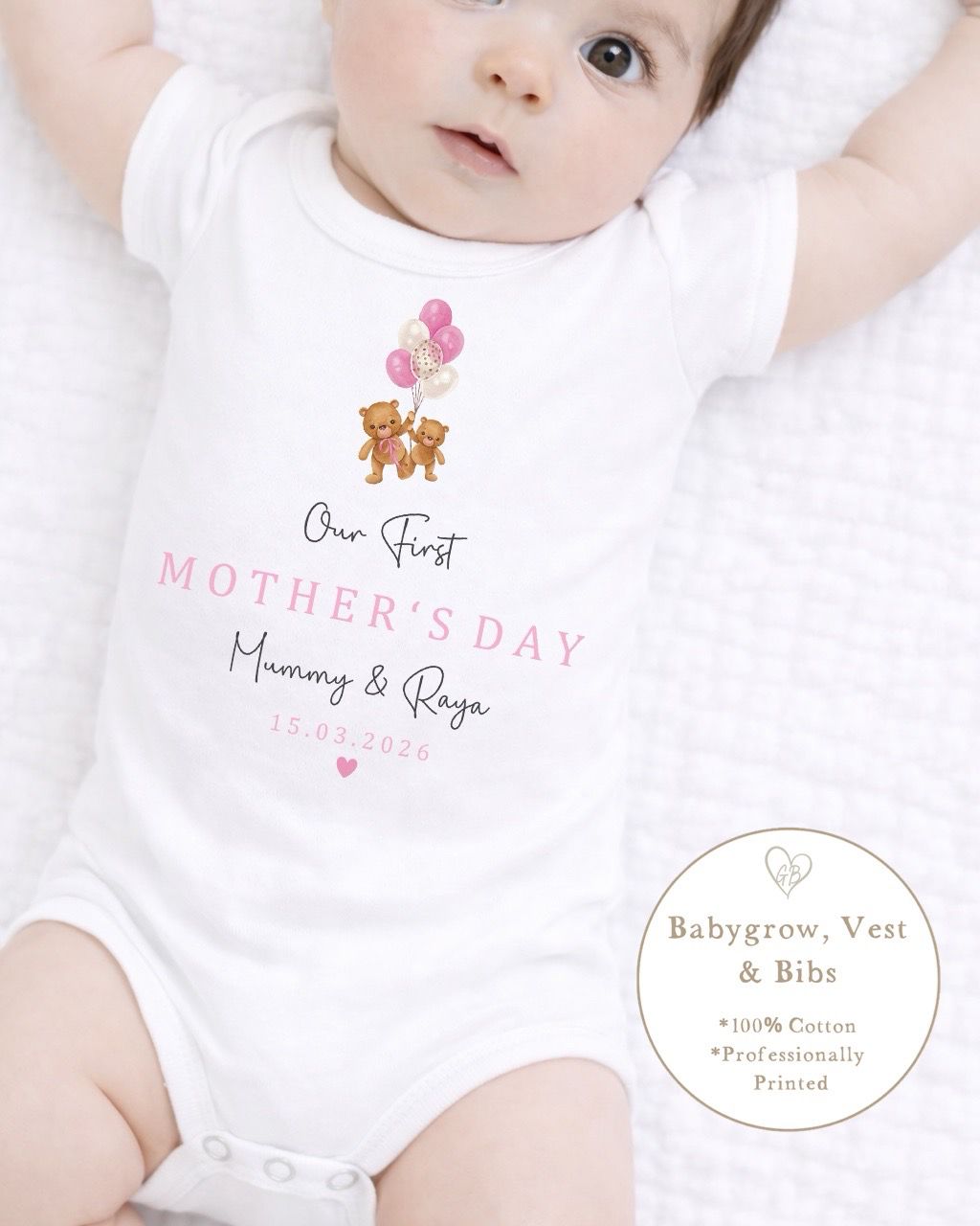 Personalised My First Mother's Day Babygrow / Short Sleeve Vest - Pink Bear Balloons Design