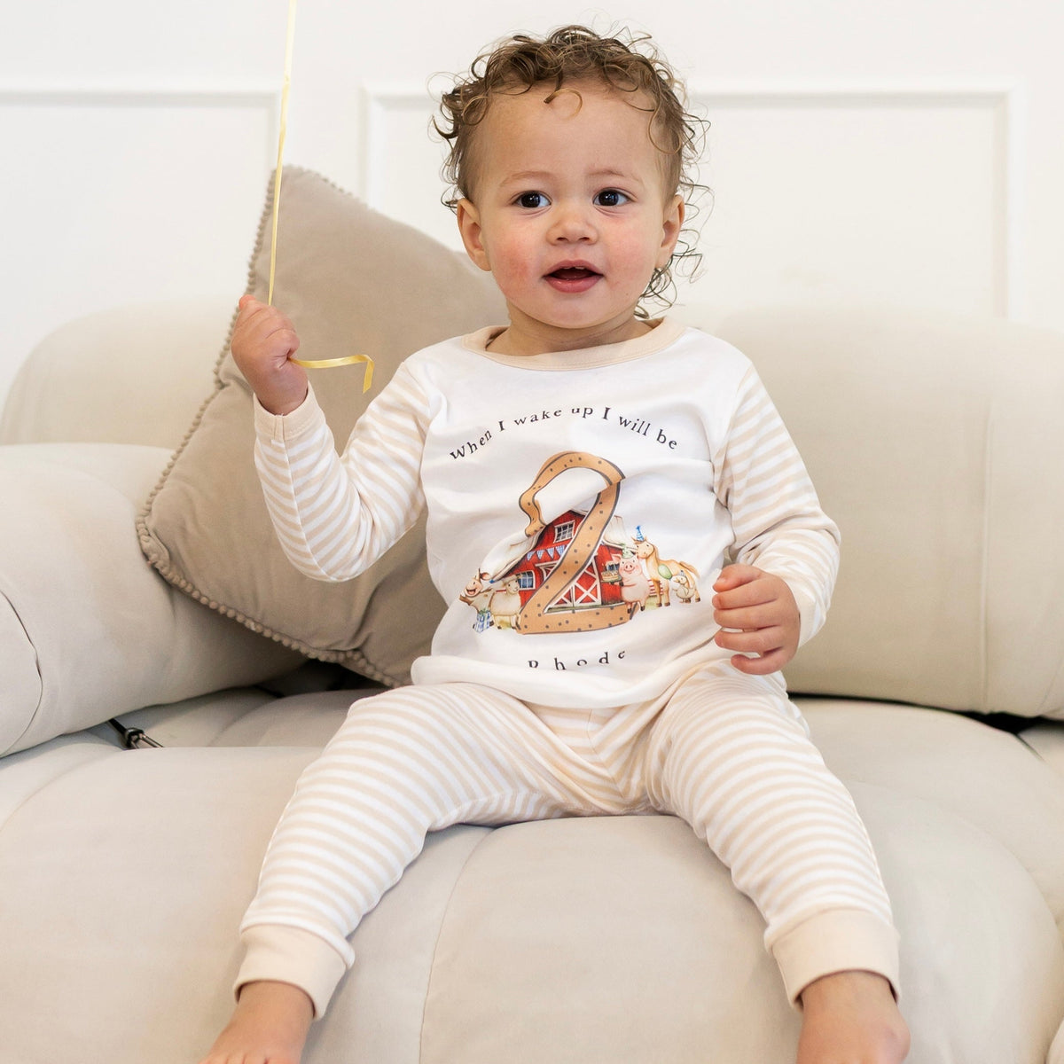 Personalised Beige Stripe Birthday Pyjamas - Farm Design