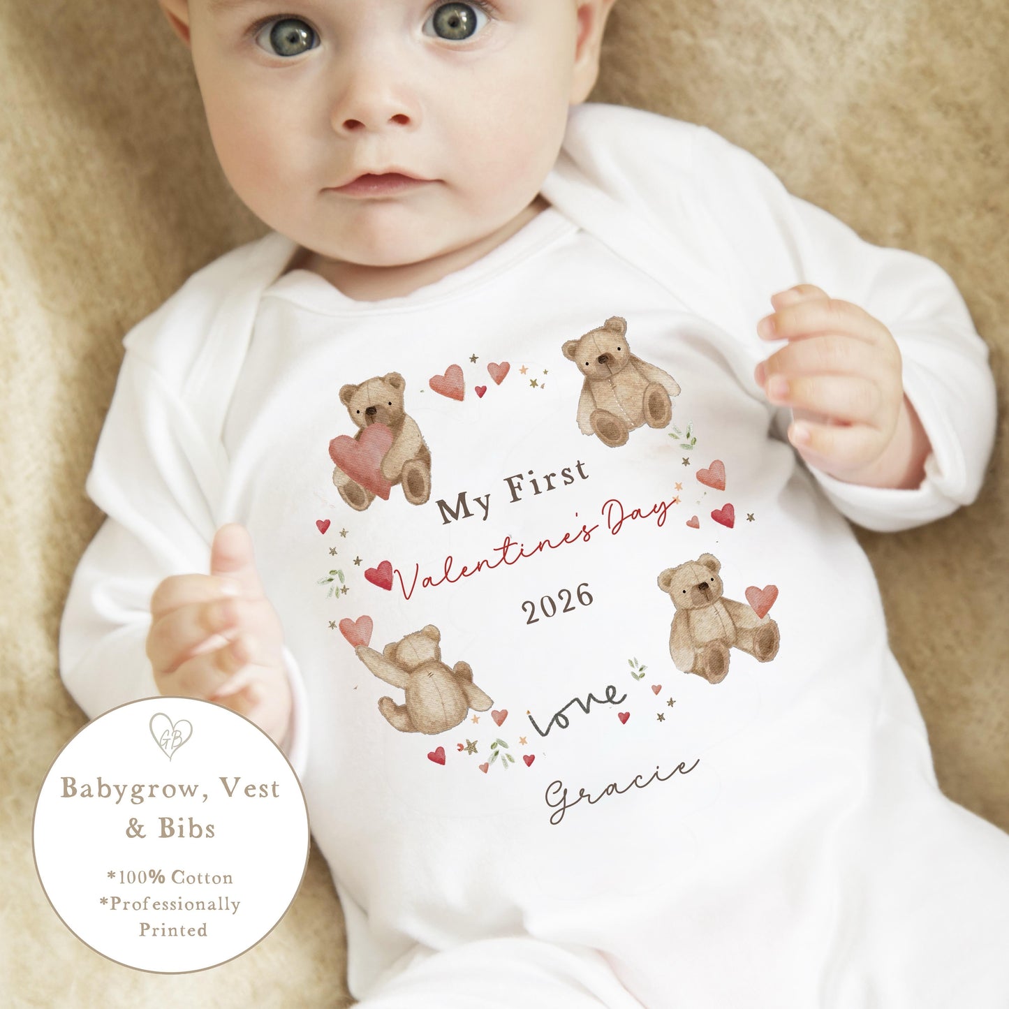 Personalised Valentine's Sleepsuit / Bodysuit - Bear Wreath Design