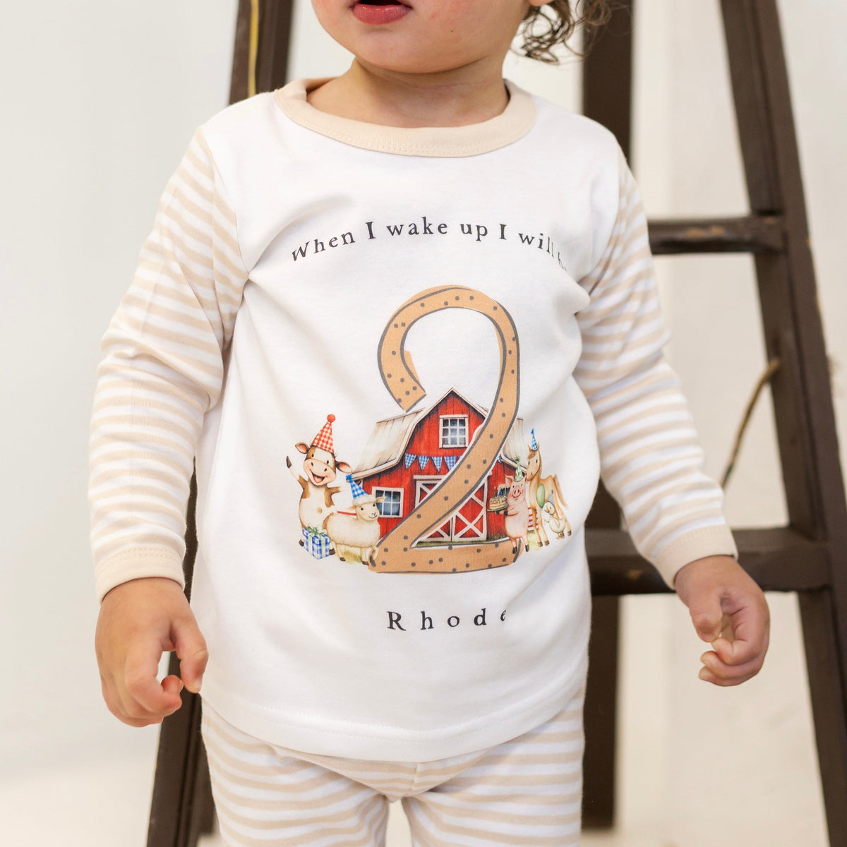 Personalised Beige Stripe Birthday Pyjamas - Farm Design