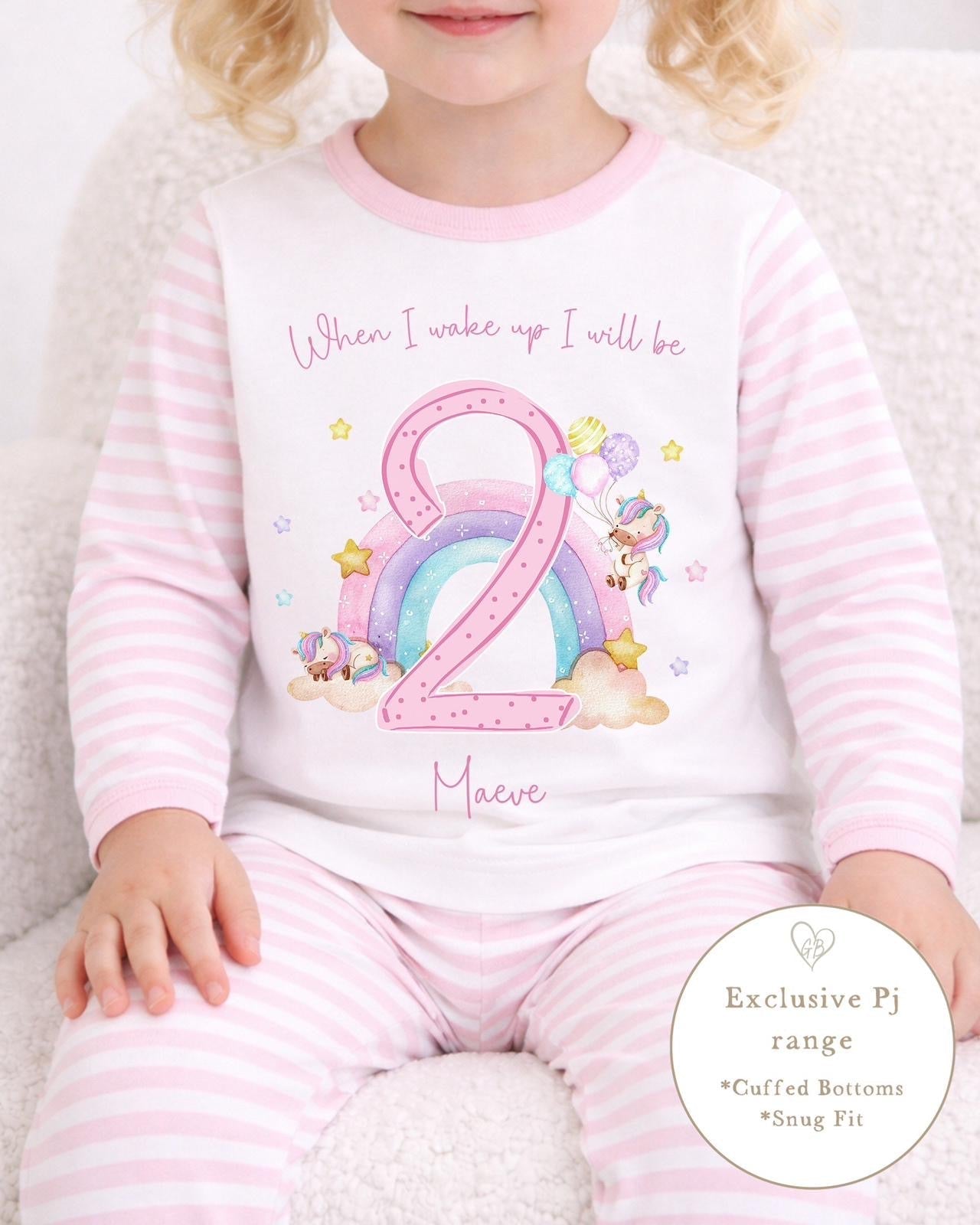 Personalised Stripe Birthday Pyjamas Pastel Unicorn Number Design