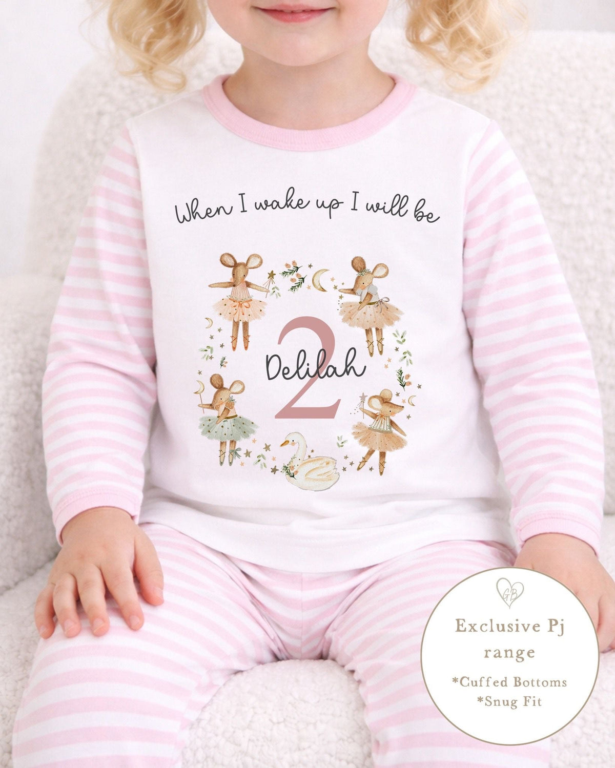 Personalised Pink Stripe Birthday Pyjamas - Mice Wreath Design