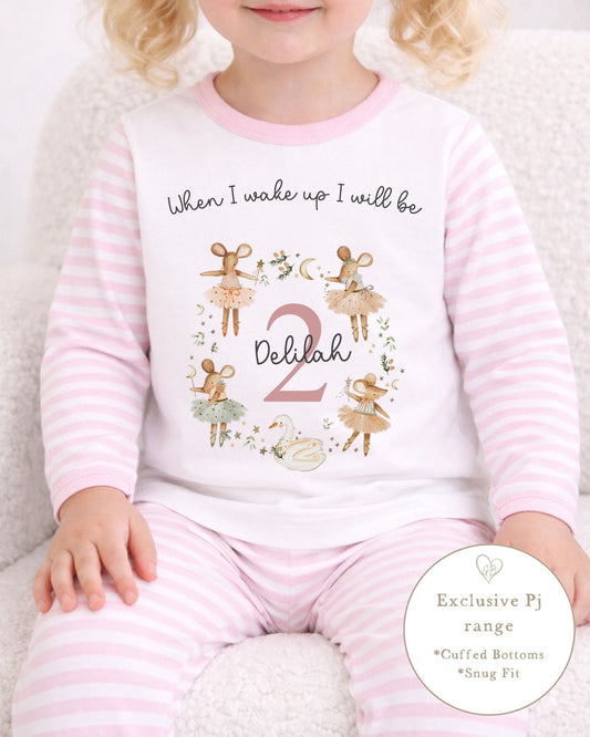 Personalised Pink Stripe Birthday Pyjamas - Mice Wreath Design