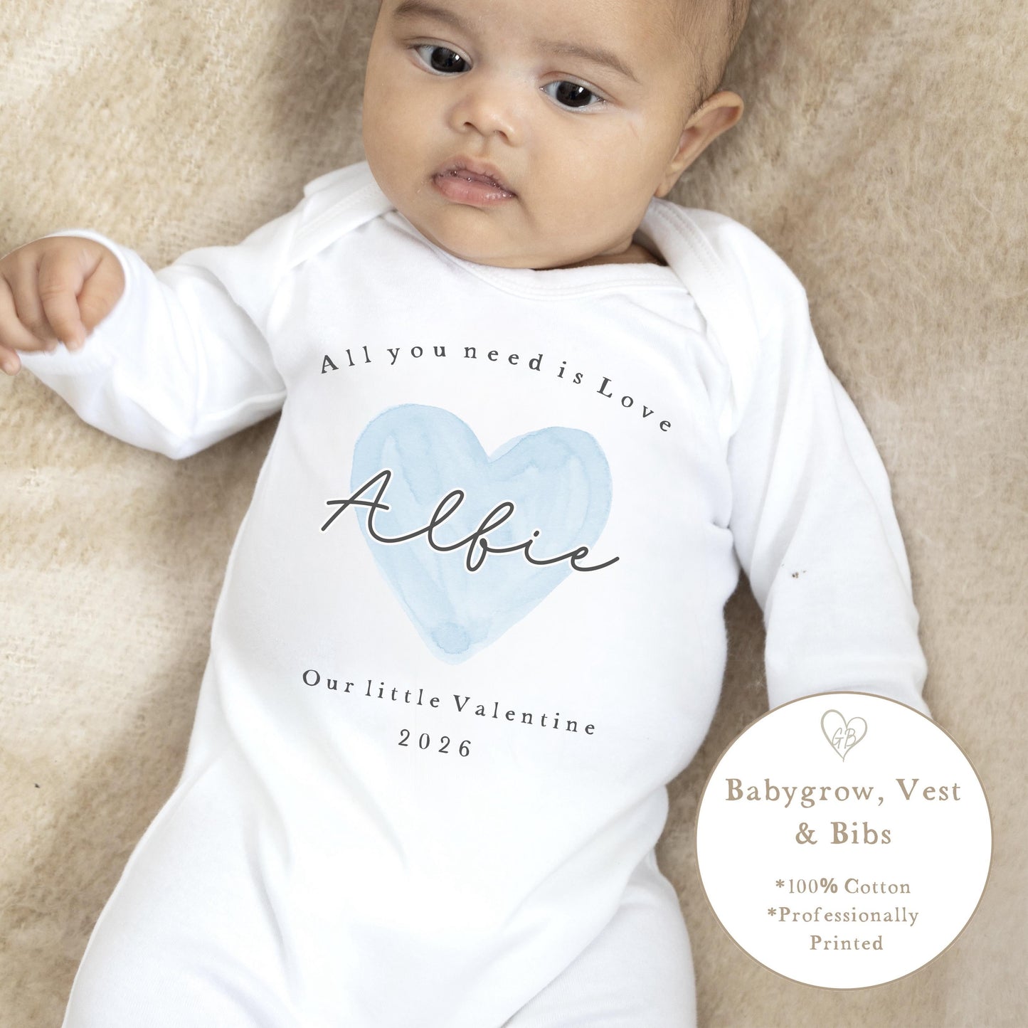 Personalised Valentine's Sleepsuit / Bodysuit - All you Need is Love Blue Heart Design