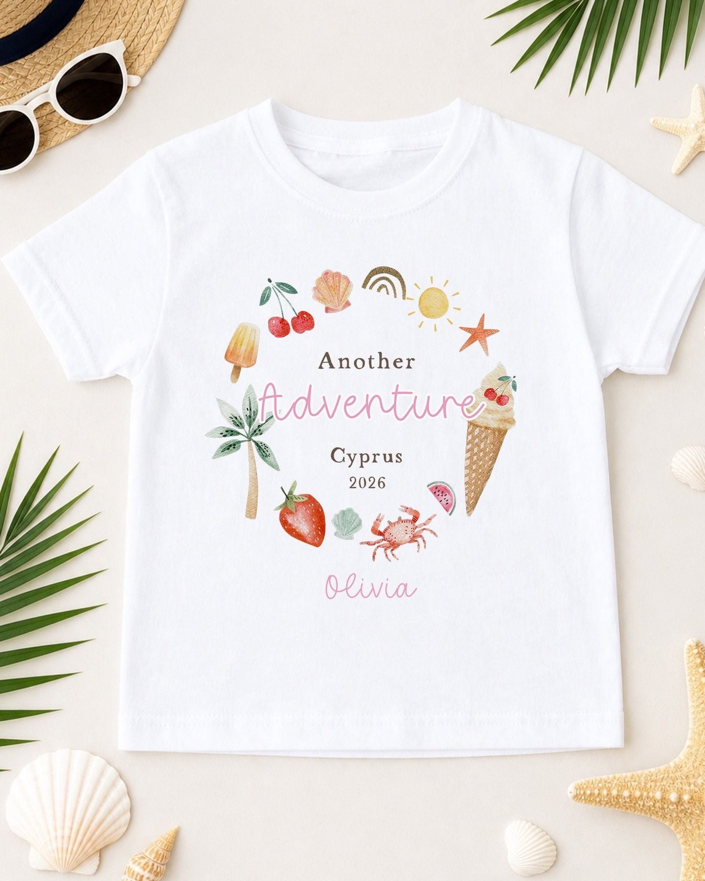 Personalised Kids Holiday T-Shirt - Another Adventure Girl Wreath Design