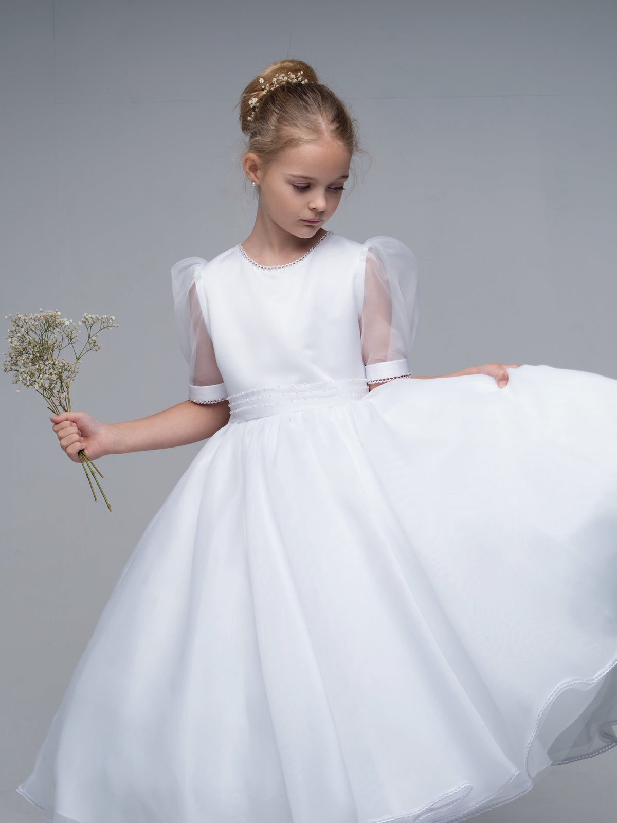 'Genevieve' White Organza Beaded Communion Dress - Rose & Albert