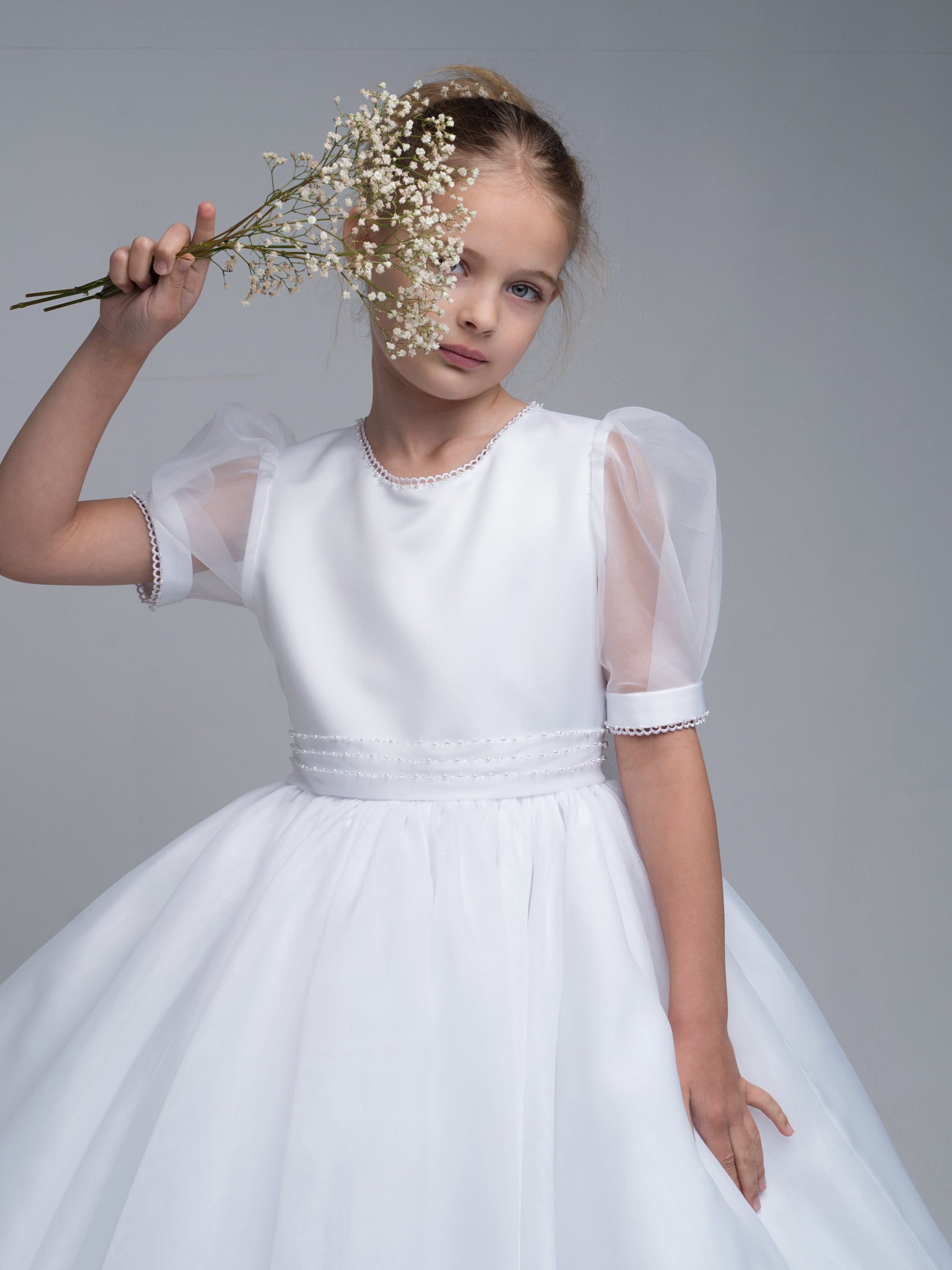 'Genevieve' White Organza Beaded Communion Dress - Rose & Albert