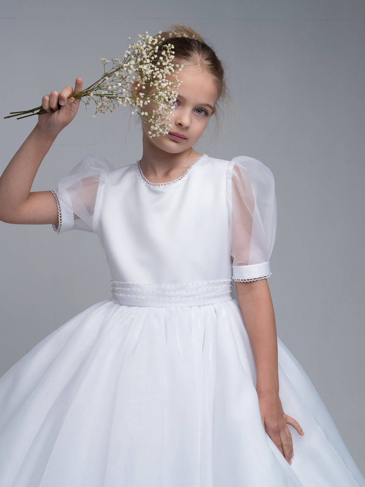 'Genevieve' White Organza Beaded Communion Dress - Rose & Albert